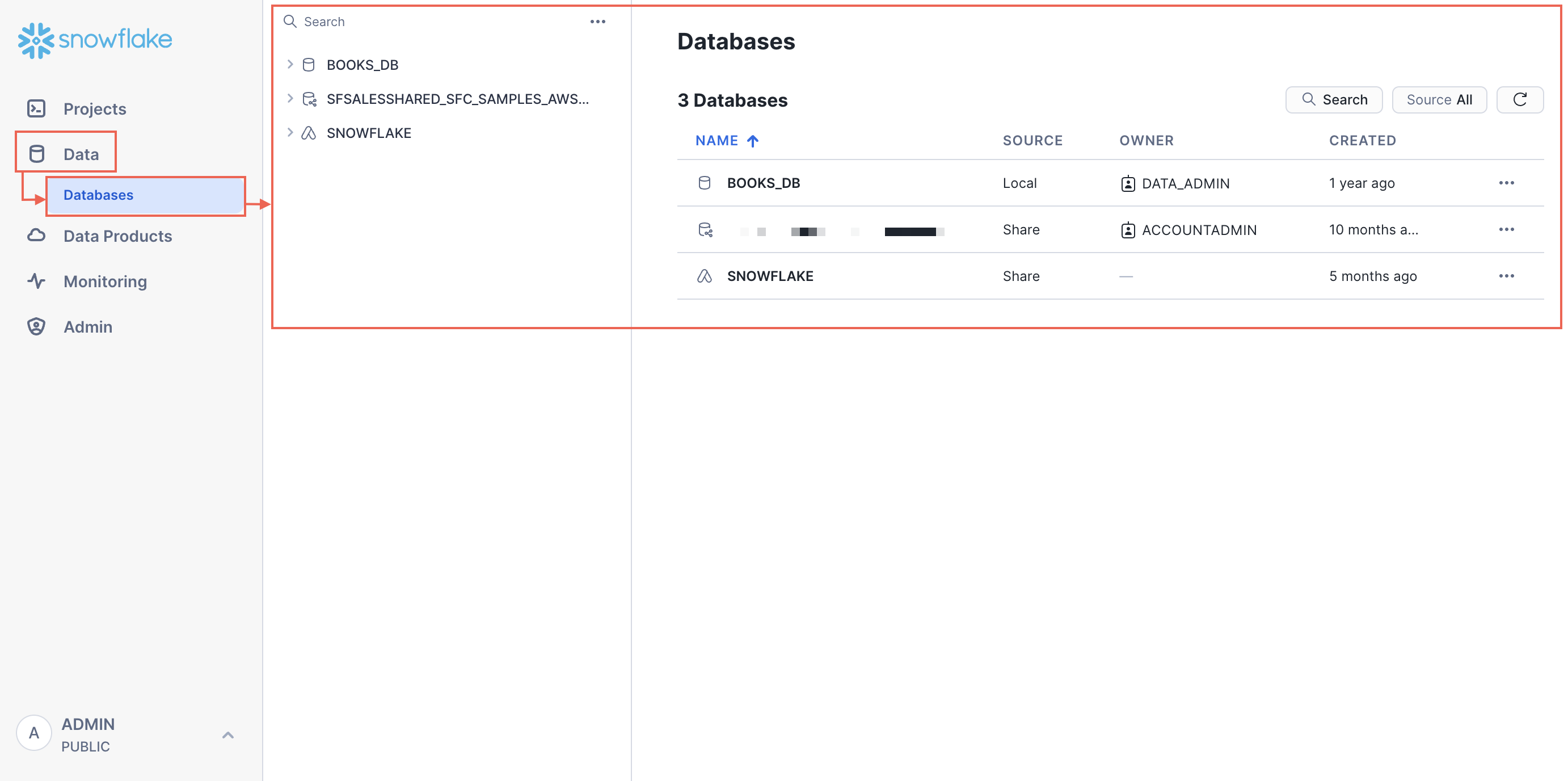 Select Data and then Databases to explore and manage your database objects. By default, you see a list of databases to which your active role has access.