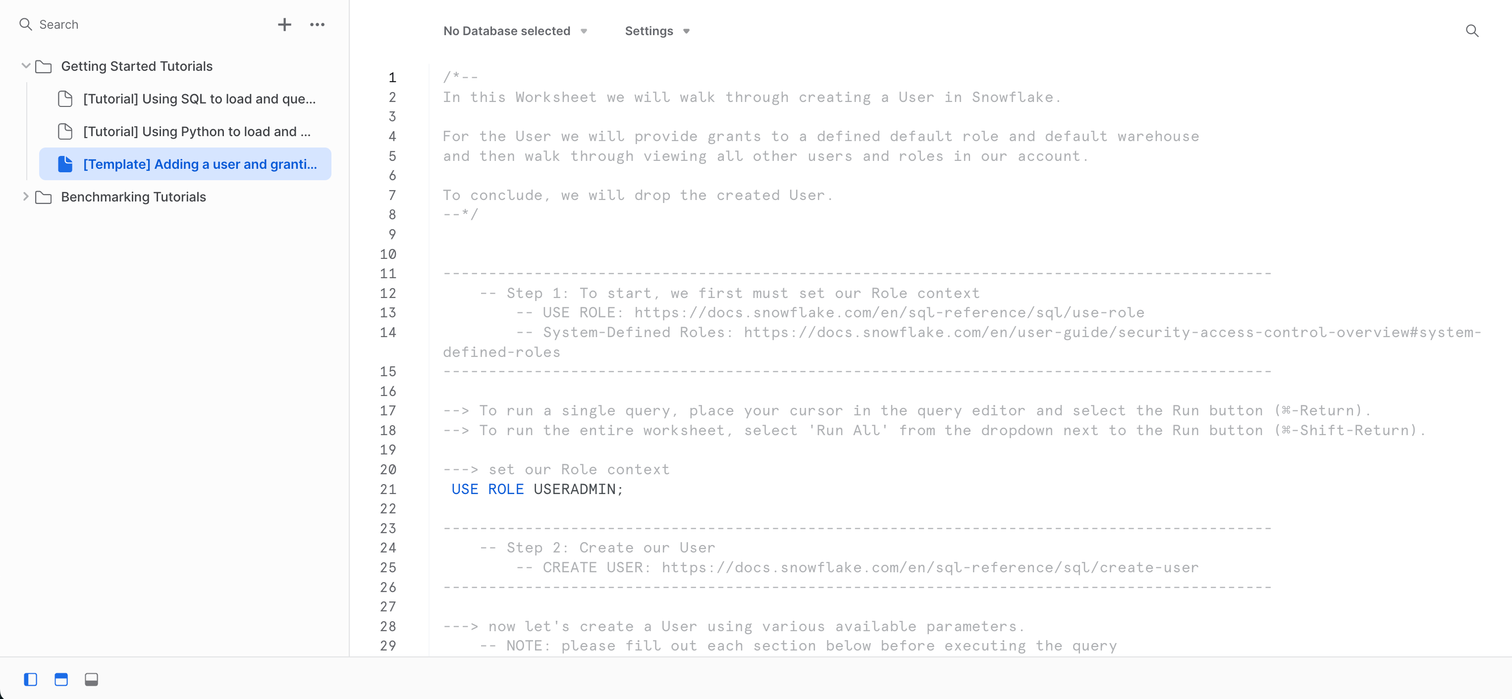 설명 주석과 함께 이 자습서의 SQL 명령이 포함된 SQL 사용자 워크시트.