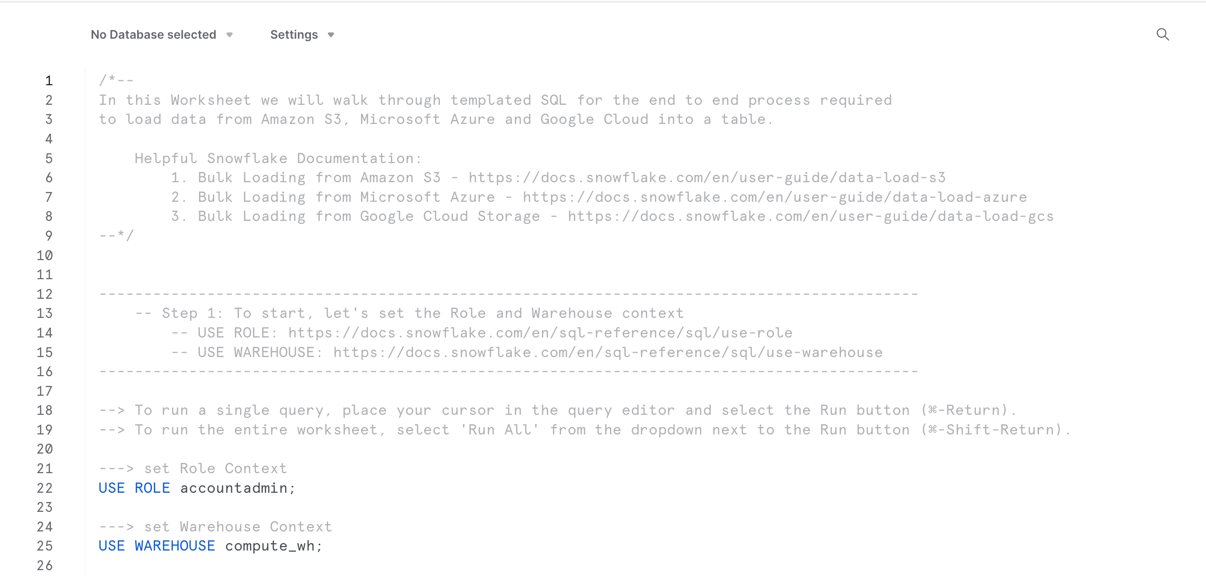 クラウドテンプレートワークシートからの SQL ロードには、このチュートリアルのための SQL コマンドと説明コメントが含まれています。
