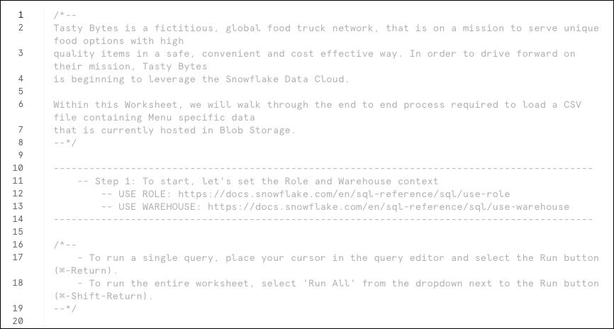 SQL ロードとクエリのワークシート。このチュートリアルの SQL コマンドと説明的なコメントが含まれています。