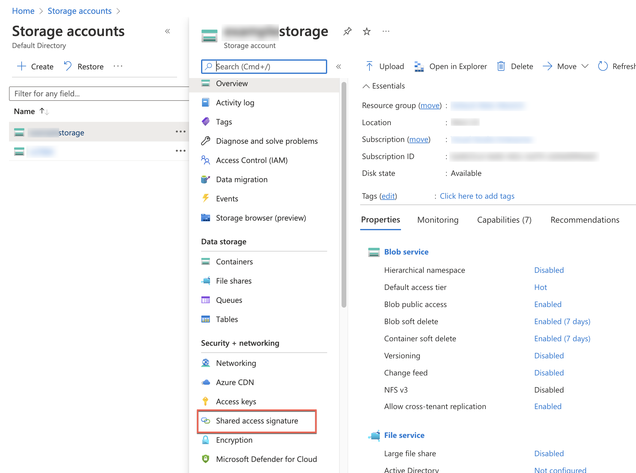 Azure Storage Console의 저장소 계정 세부 정보