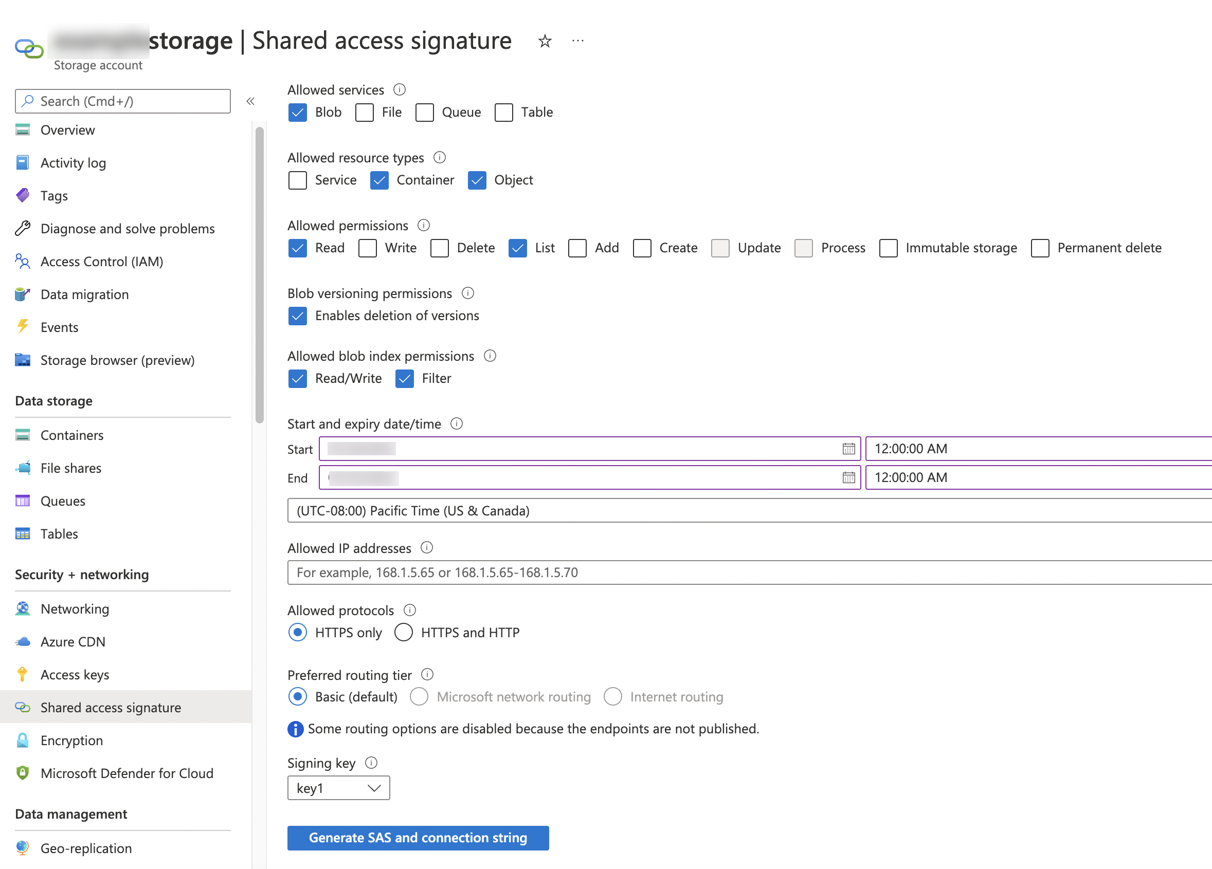 Azure Storage Console의 공유 액세스 서명 세부 정보
