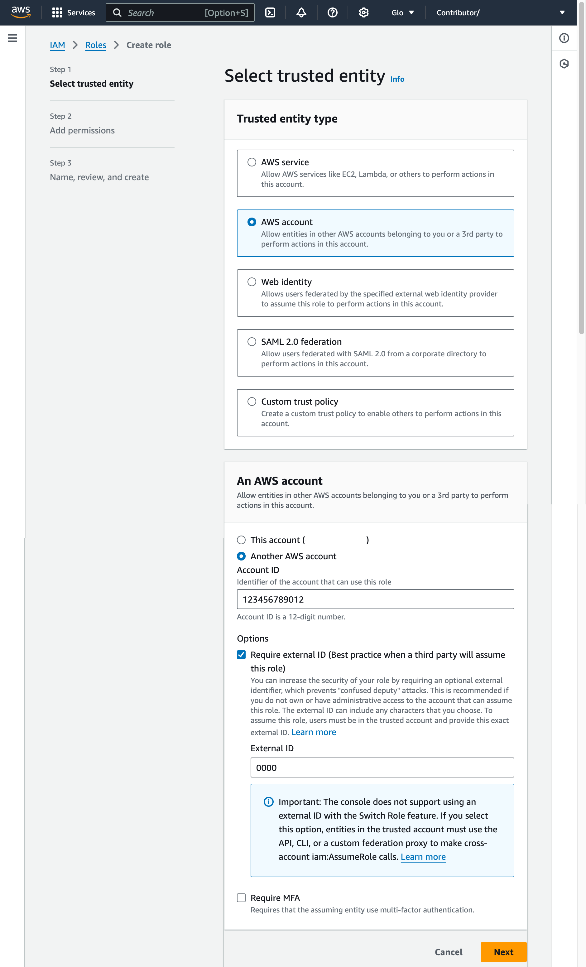 Select trusted entity page in AWS Management Console