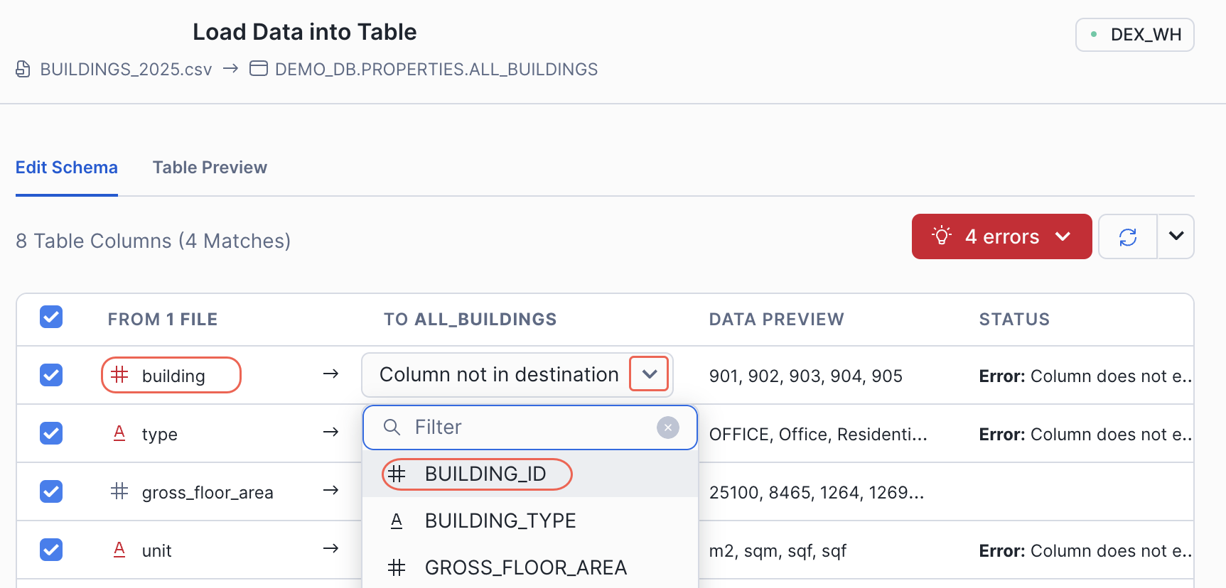 Screenshot showing the column mapping between the source file and the target table.