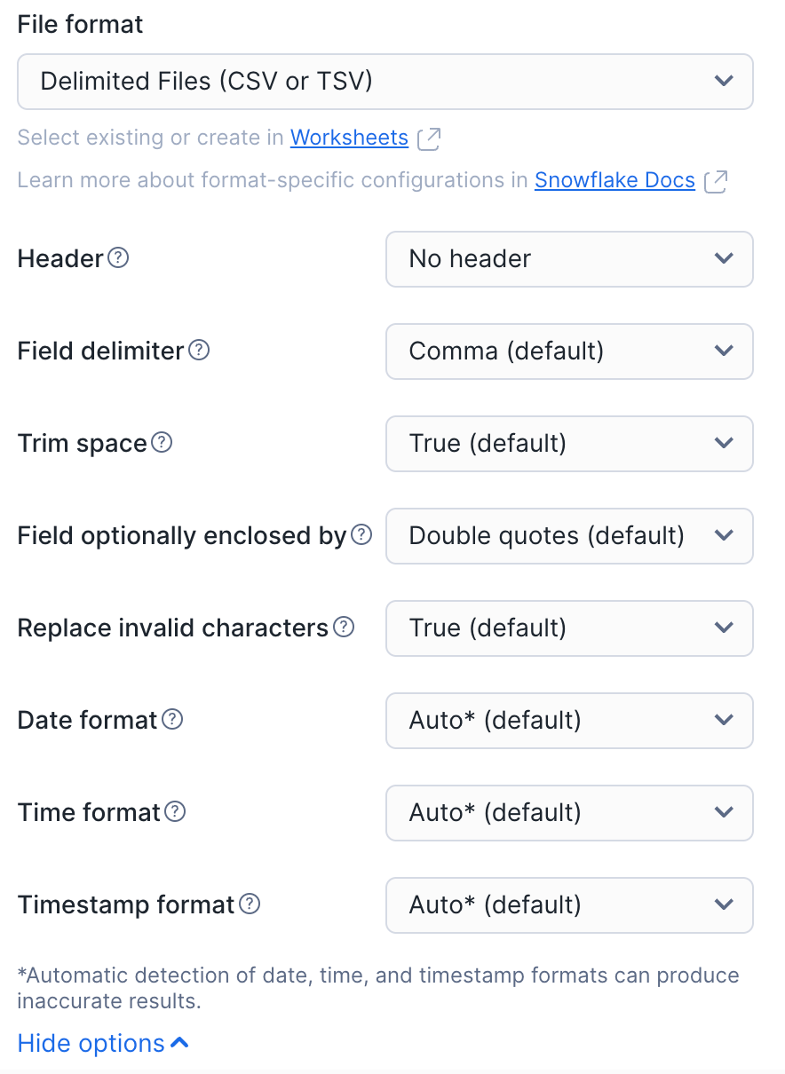 Screenshot showing the Load data into Table dialog, with additional options shown.