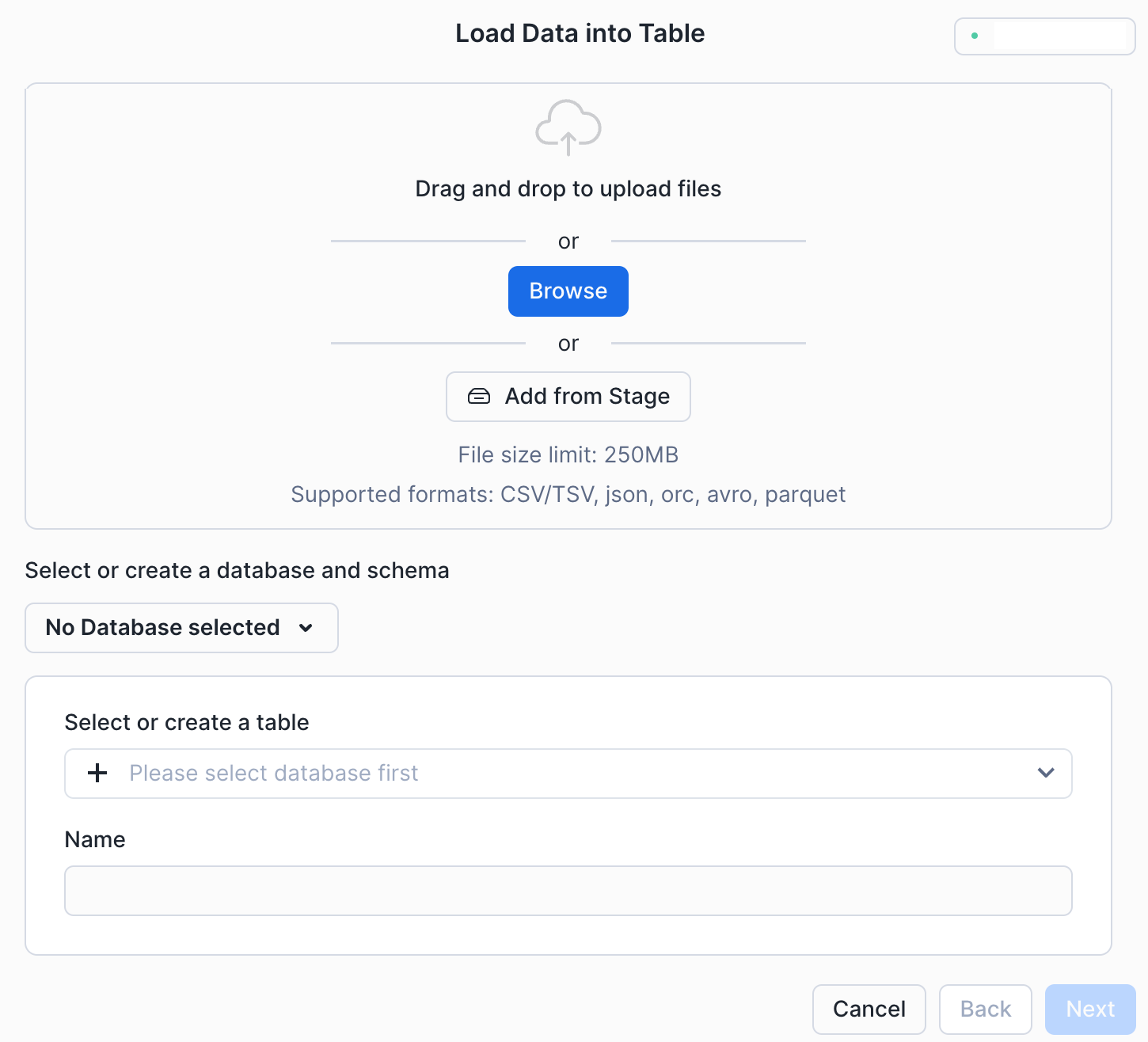 Screenshot showing the Add data page, with Load data into table selected.