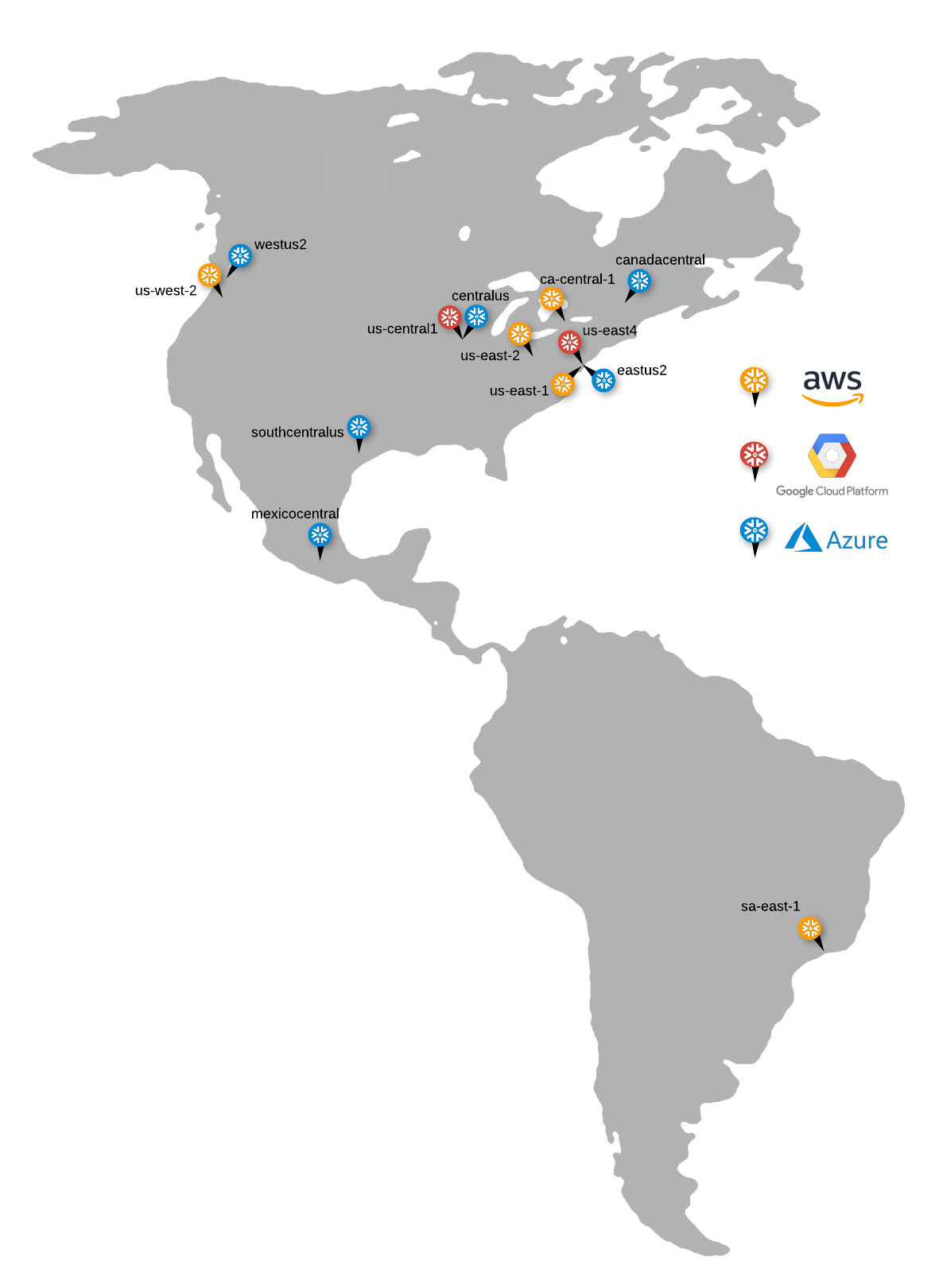 Snowflakeがサポートする北米および南米の商用クラウドリージョンの地図