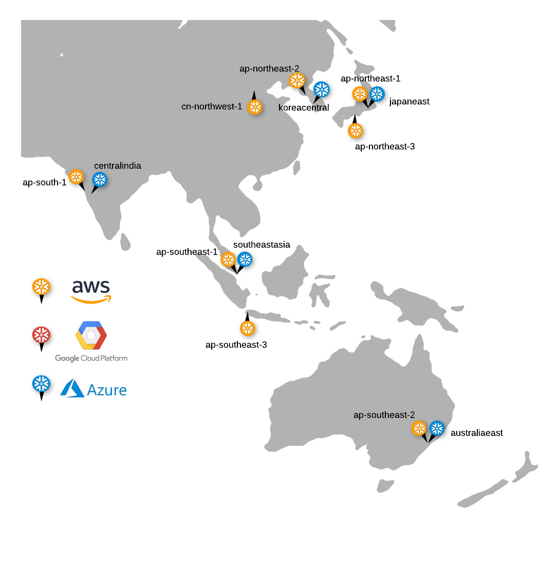 Snowflakeがサポートするアジア太平洋および中国のクラウドリージョンマップ