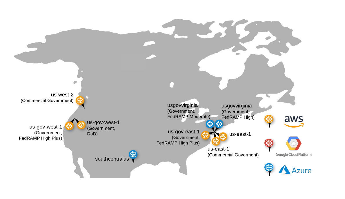 公共部門/政府のワークロードをサポートする米国のクラウドリージョンのマップ