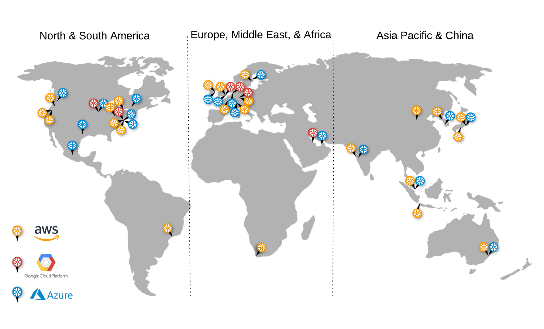 Snowflakeがサポートするクラウドリージョンの世界地図