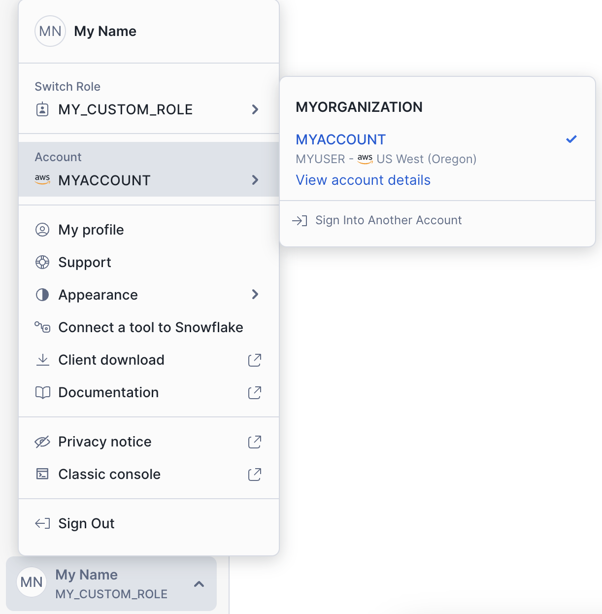 Capture d'écran du sélecteur de compte ouvert et répertoriant plusieurs comptes. Le sélecteur de compte porte le nom du compte actuellement sélectionné.