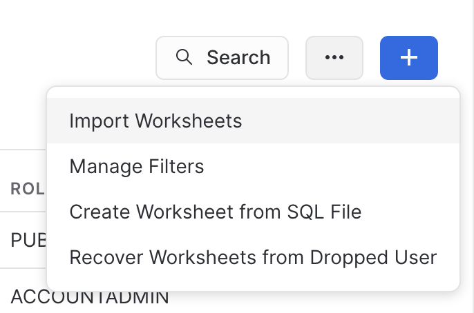 Select Options for worksheets, then select Import Worksheets.