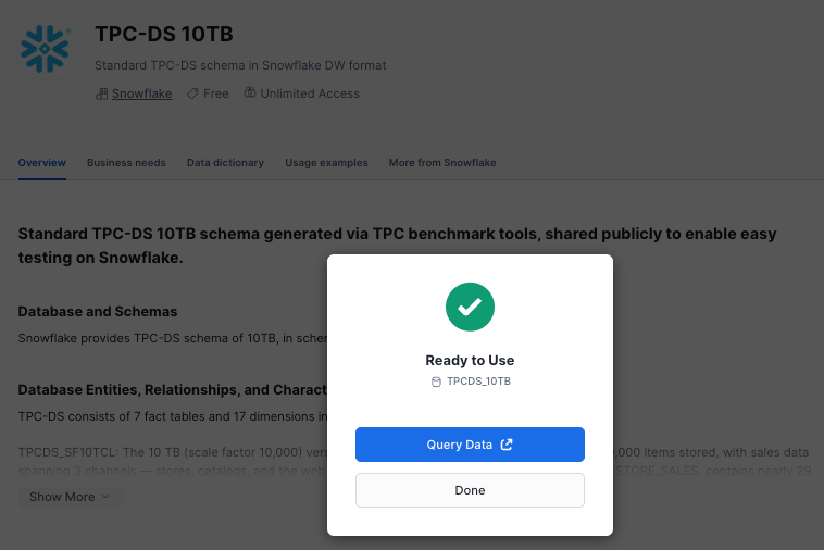 Fenêtre contextuelle indiquant que l'ensemble de données TPC-DS a été écrit dans une base de données que vous pouvez interroger.