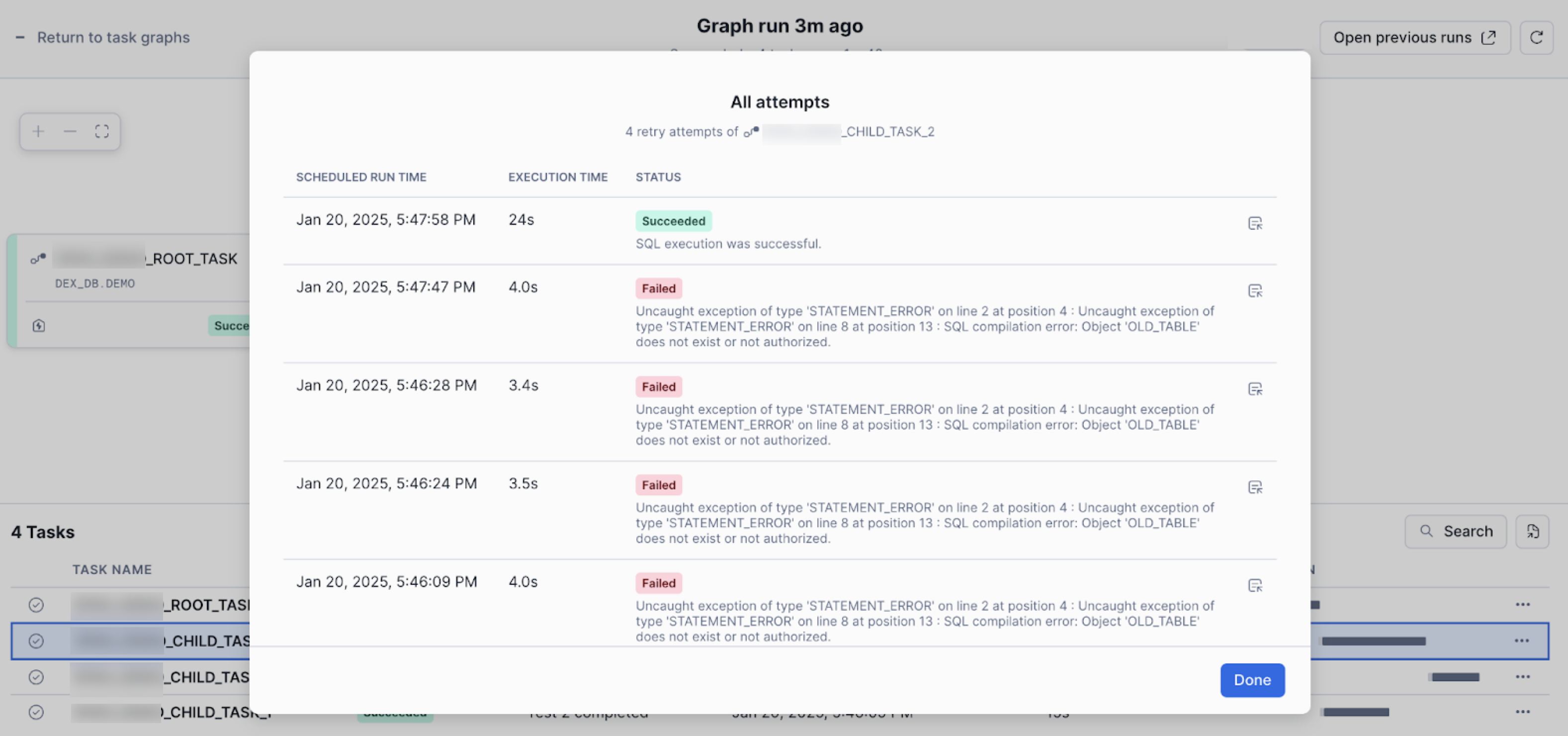 After the page is refreshed, the failed attempts show up in the account-level task graph run details.