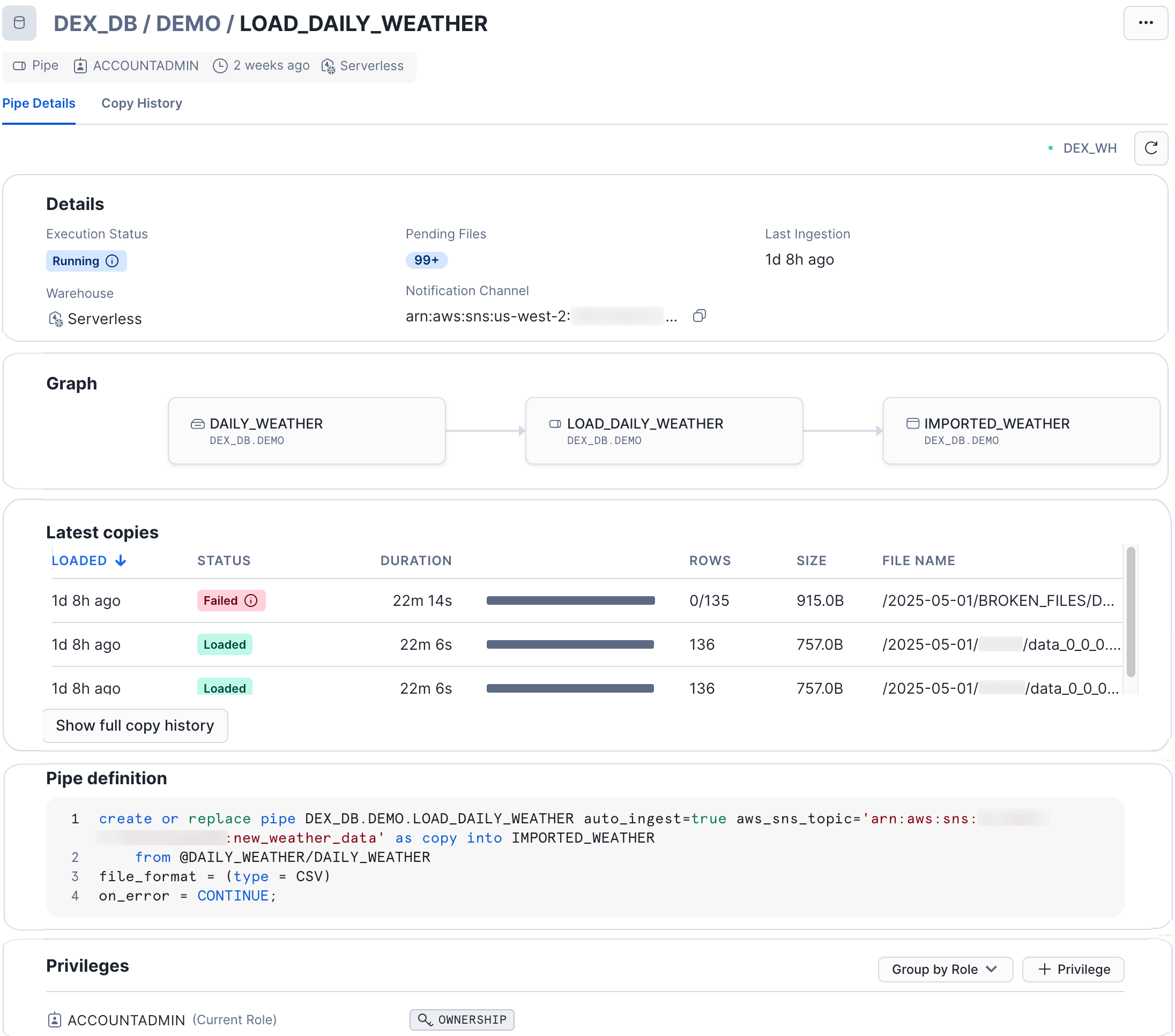 Snowsight의 파이프 세부 정보 페이지 스크린샷