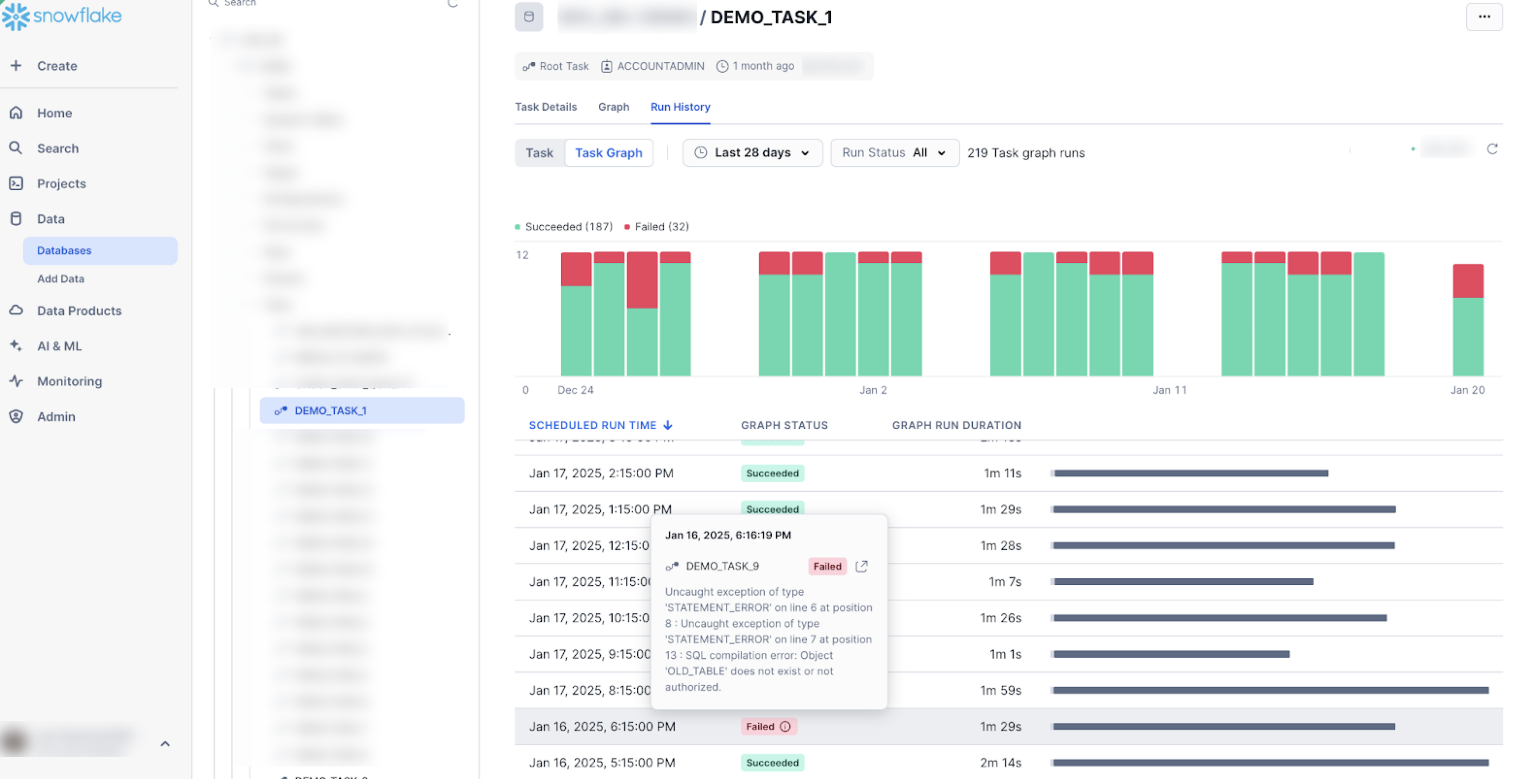 On a specific task run history page, you can see the live status of the task run. If the task is associated with a task graph, you can also view the details of a task graph.