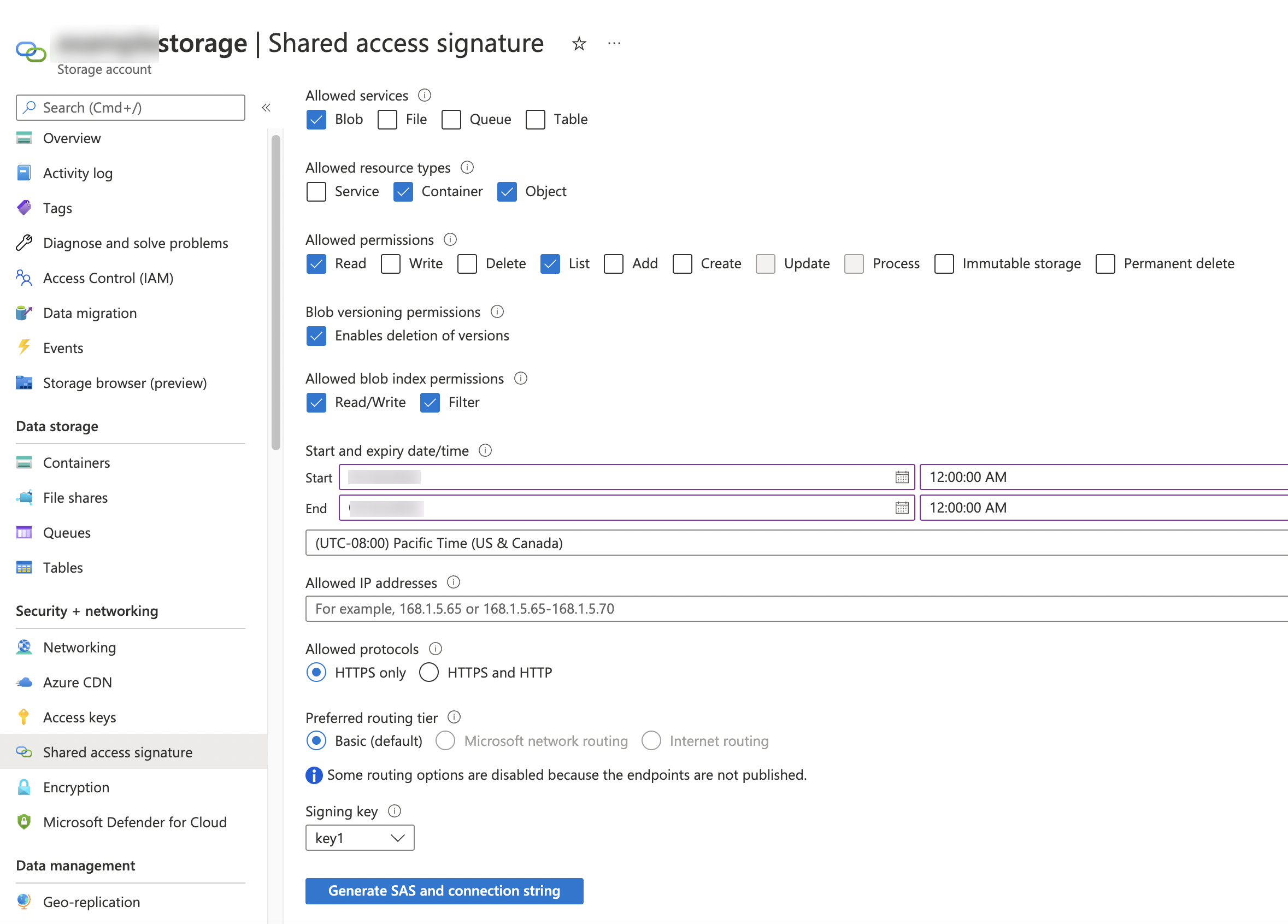 Shared Access Signature Details in Azure Storage Console