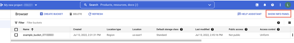 Show the info panel of a Google Cloud Platform bucket