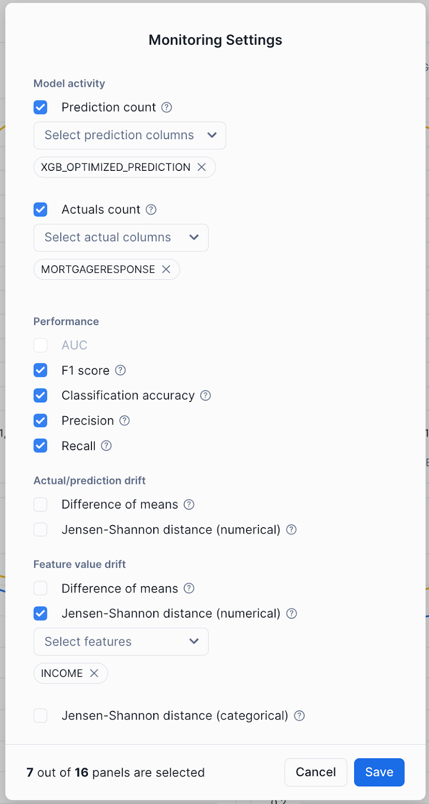 The settings for the model monitoring page