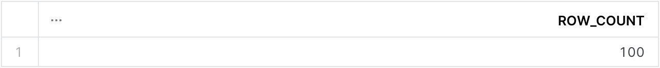 Table output with the following column: ROW_COUNT. One row with the following value: 100.