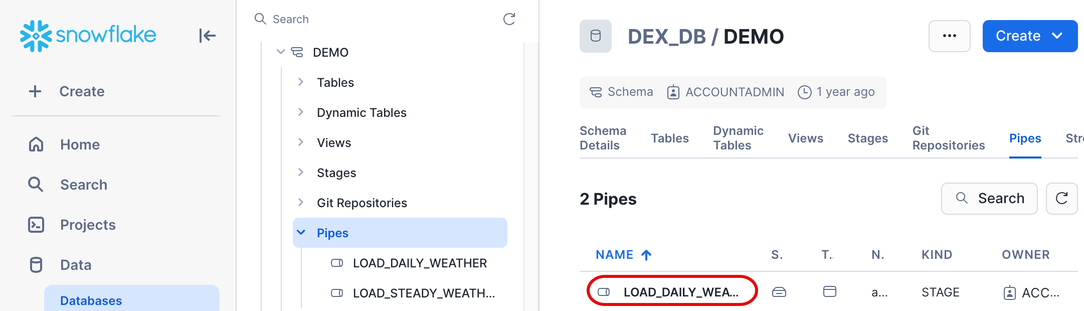 Screenshot of where to find the Pipe Details page in Snowsight