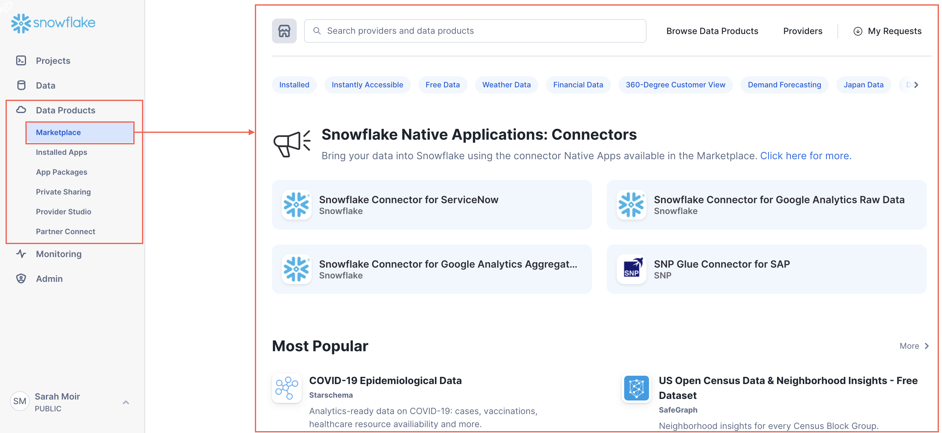 Marketplace page(s) in the Snowsight web interface