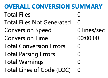 Der Abschnitt „Overall Conversion Summary“ des Bewertungsberichts für Oracle