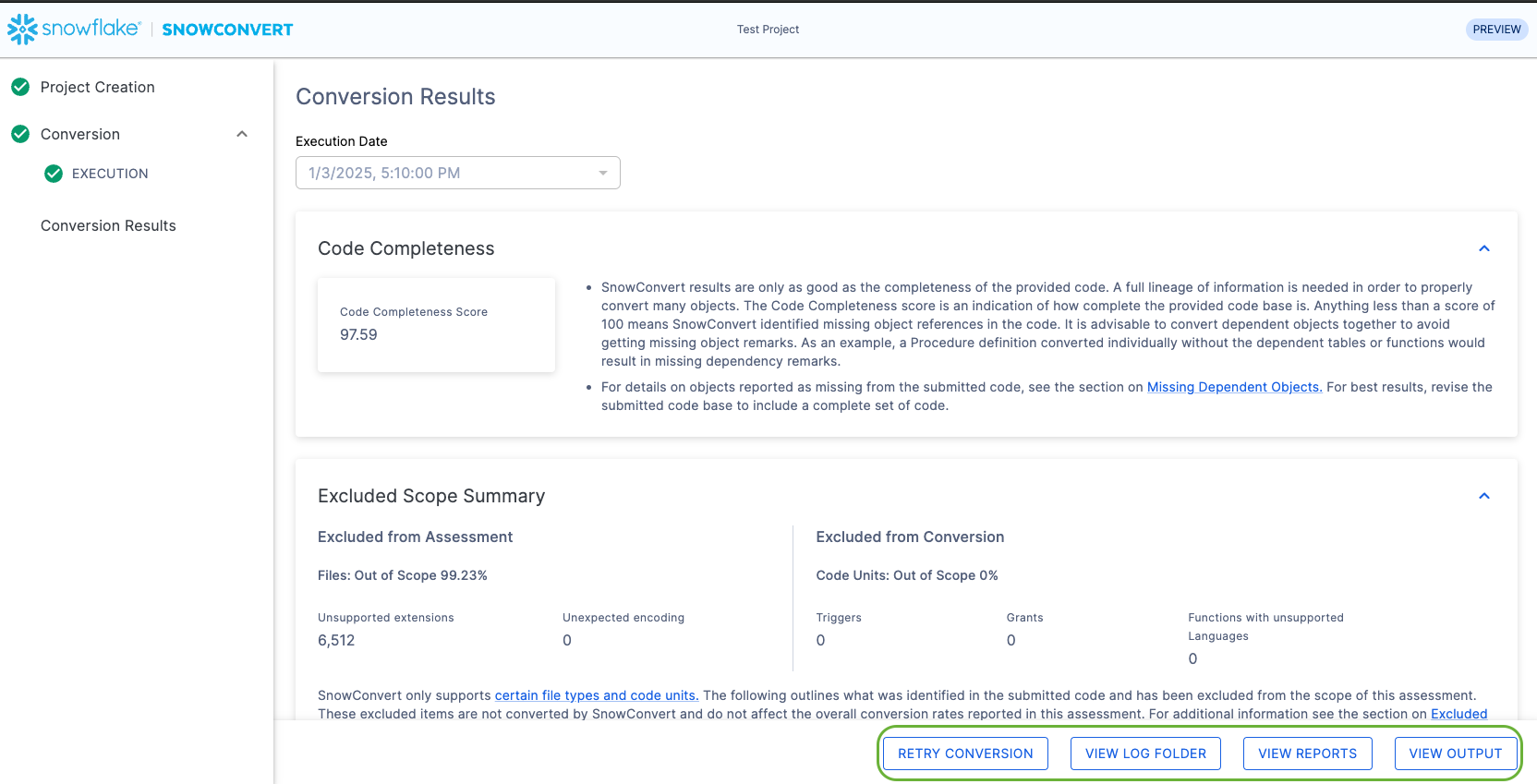 Beispiel für „Conversion Results“ in SnowCovert