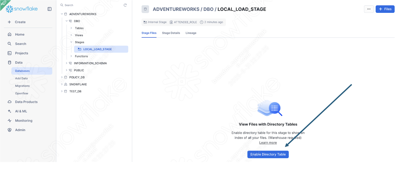 Enable Directory Table button