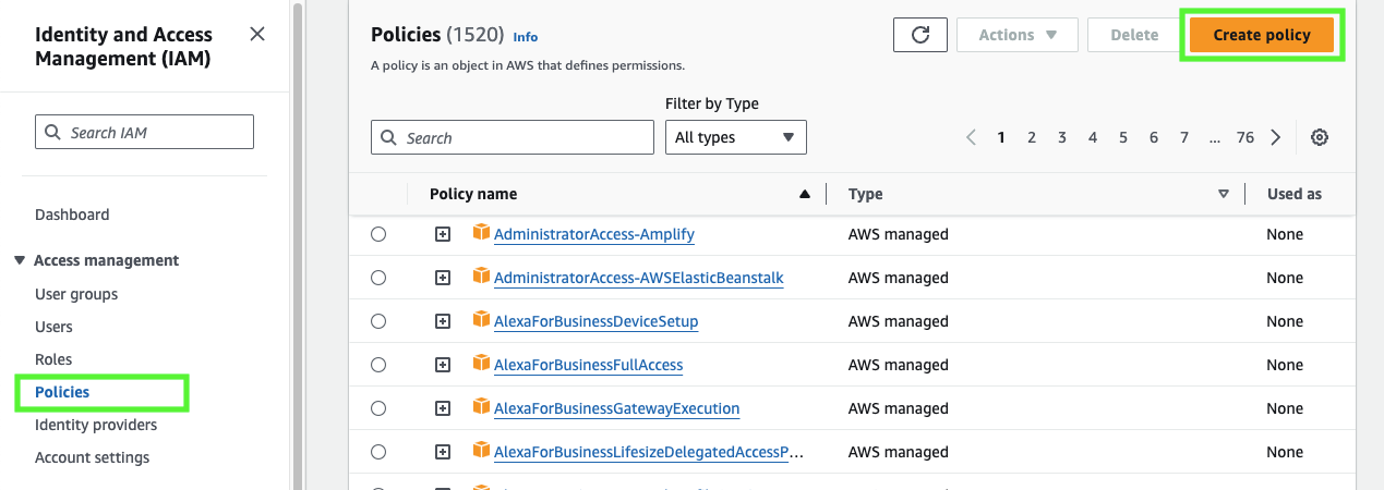 Erstellen Sie in der AWS-Managementkonsole eine IAM-Richtlinie.