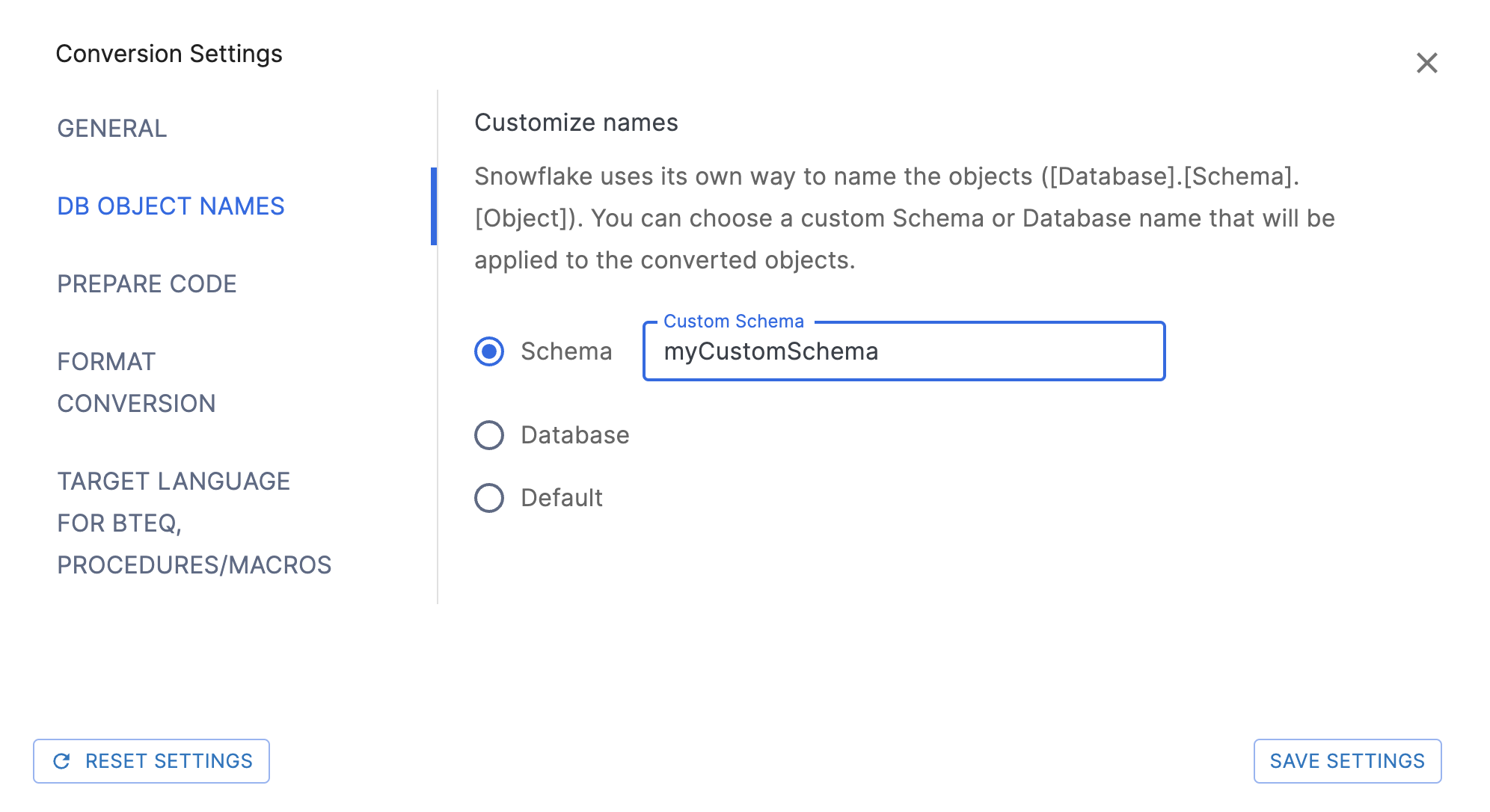 DB Seite „Objects Names Settings“