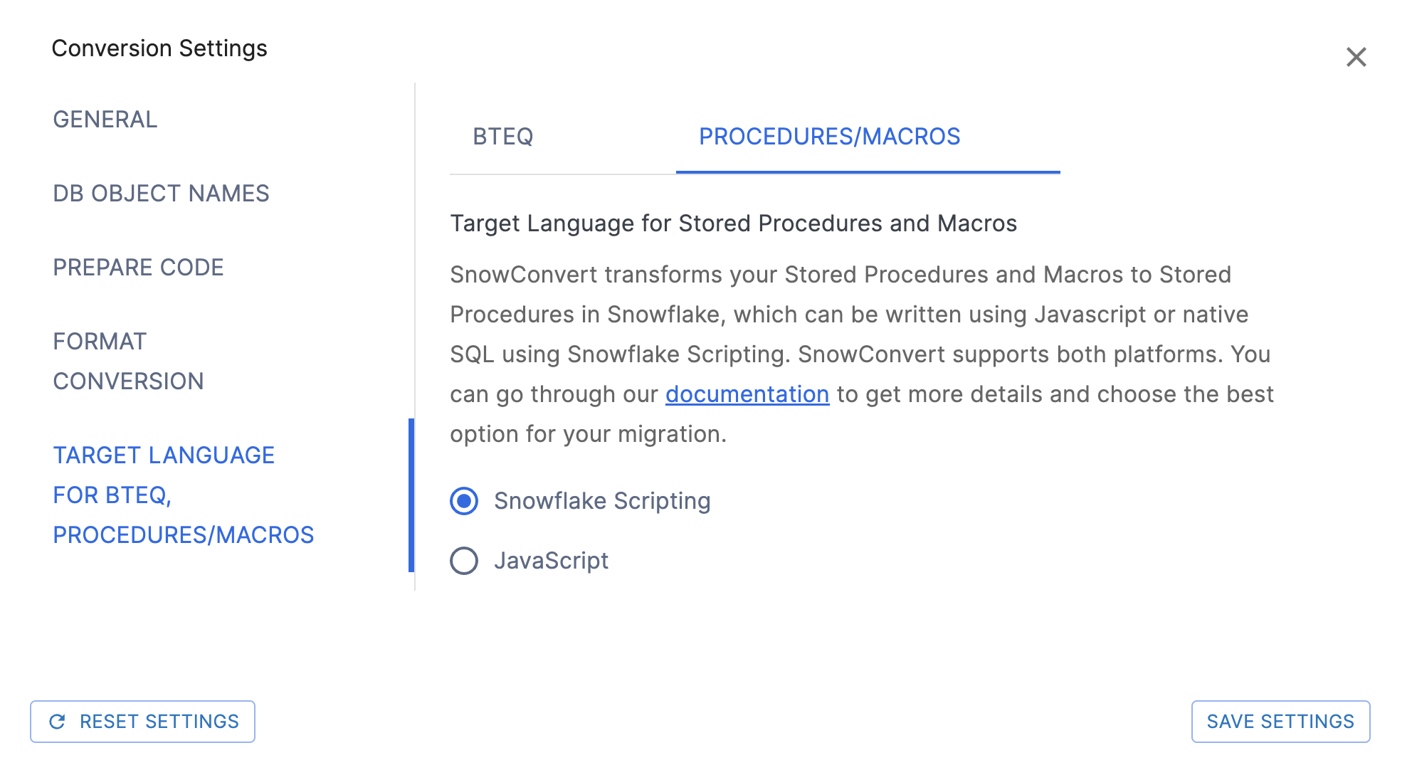 Seite „Procedures/Macros Target Language Settings“