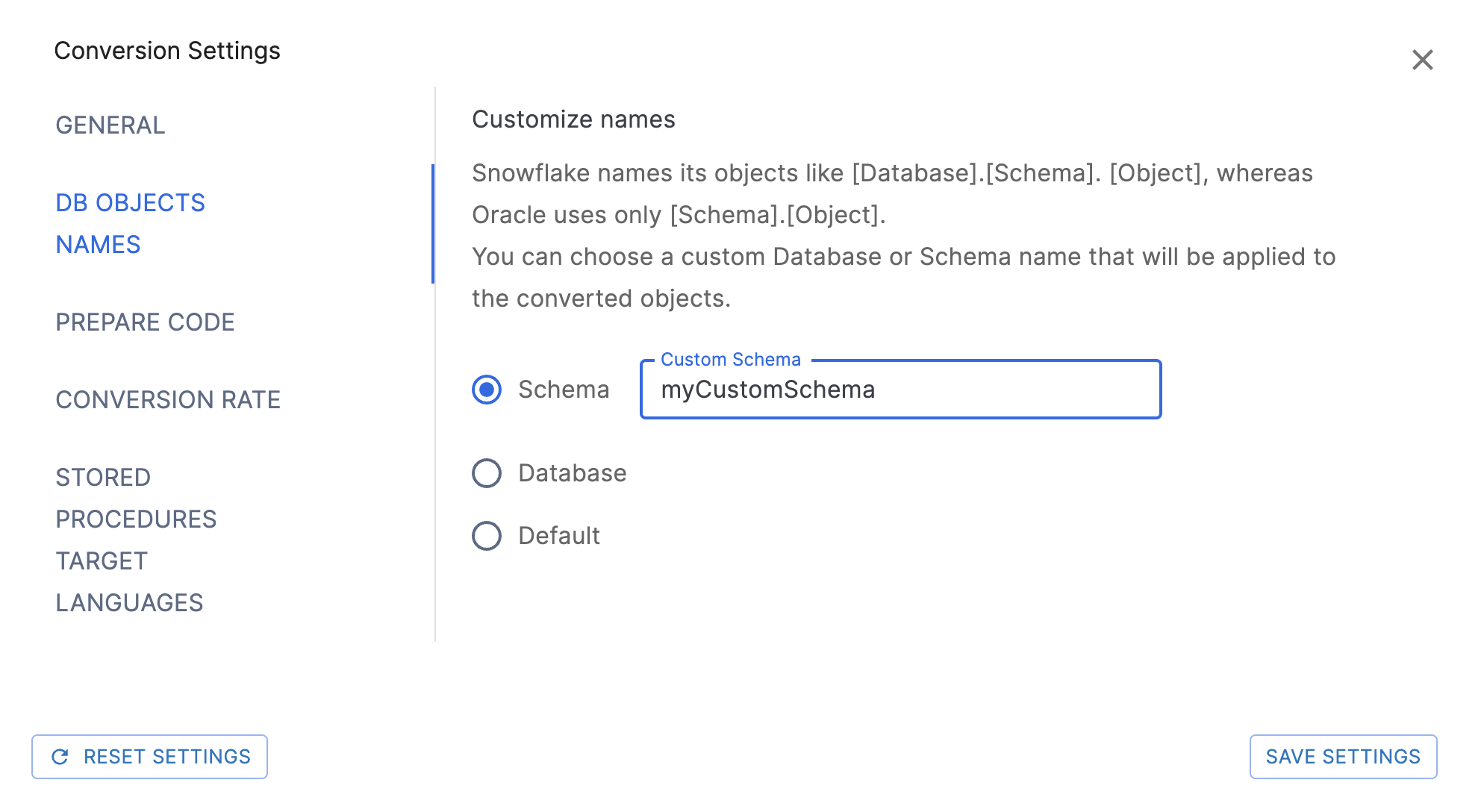 Seite „DB Objects Names Settings“ 