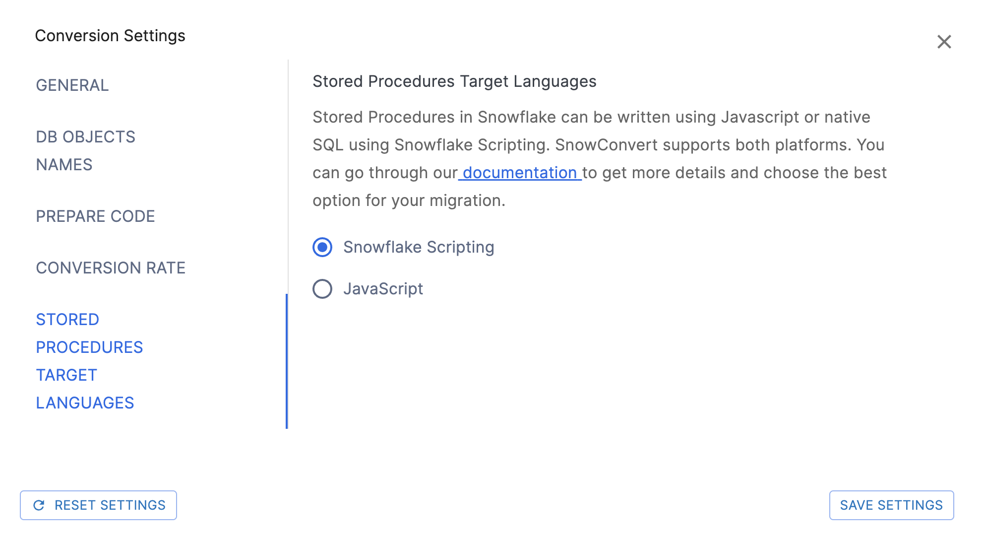 Seite „Stored Procedures Target Languages Settings“