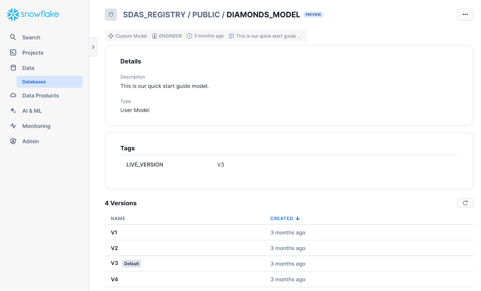 Eine Seite mit Modelldetails, auf der die wichtigsten Informationen zum Modell angezeigt werden