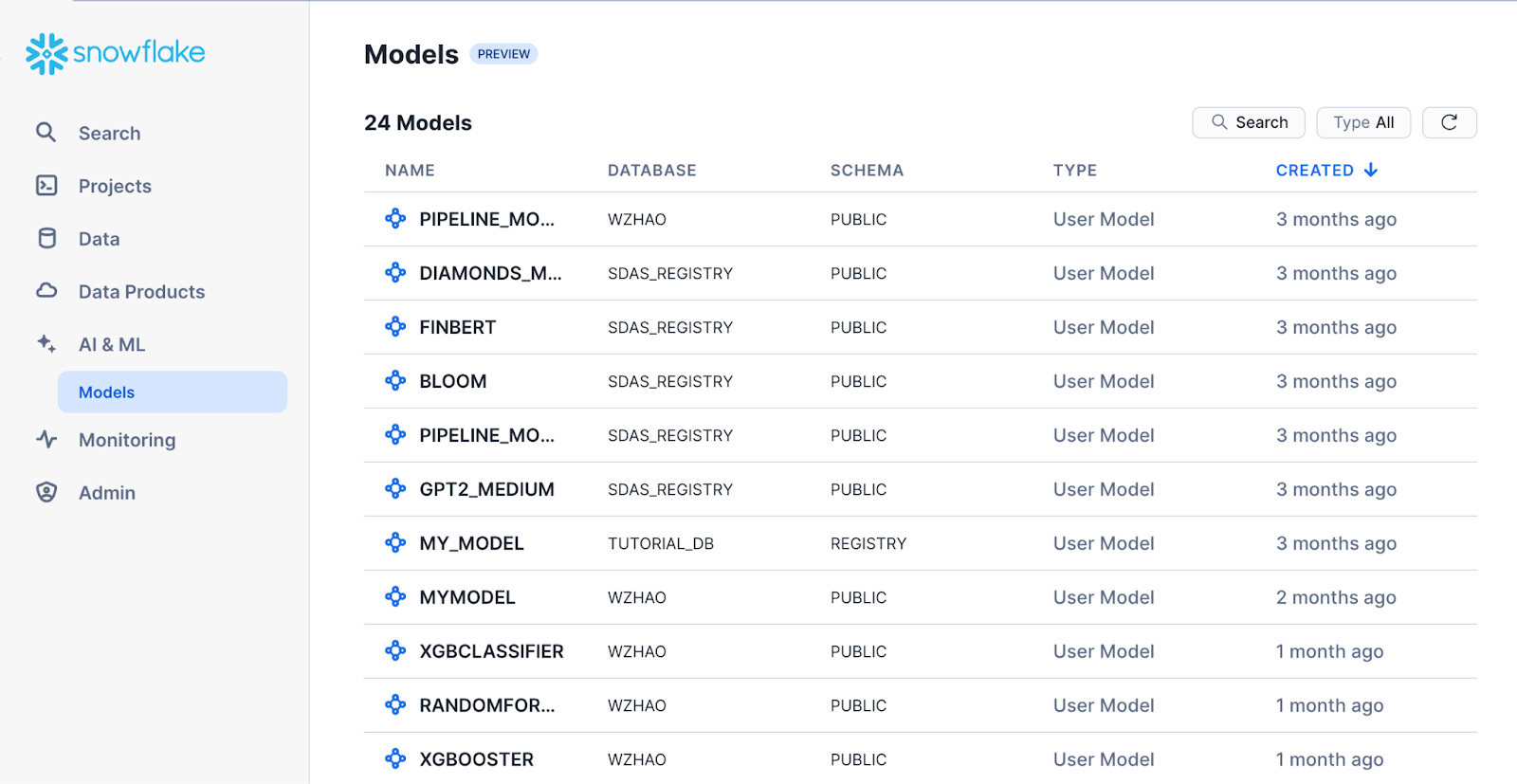 Die Seite „Modelle“, die eine Liste der verfügbaren Machine-Learning-Modelle anzeigt