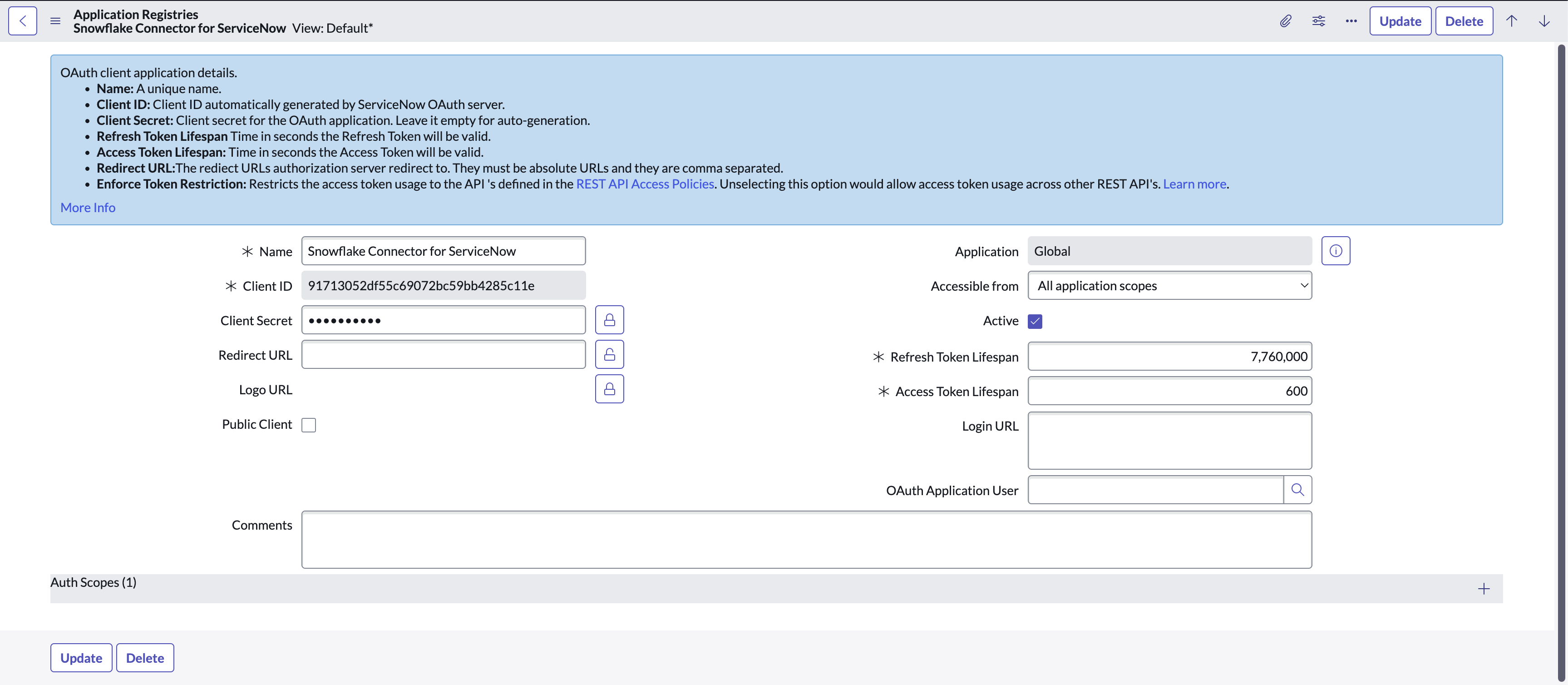Zeigt die Seite „Anwendungsregistrierung“ in ServiceNow® an.