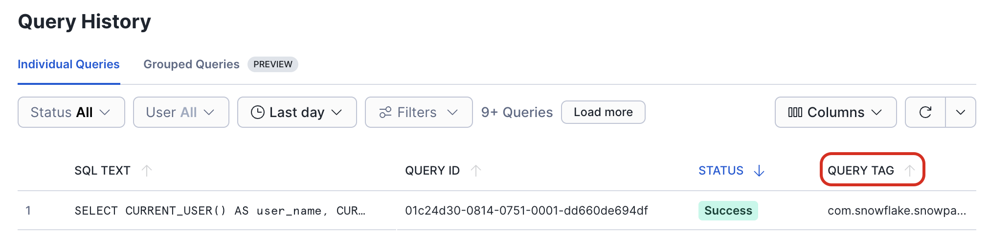 Snowpark request in the Query History page