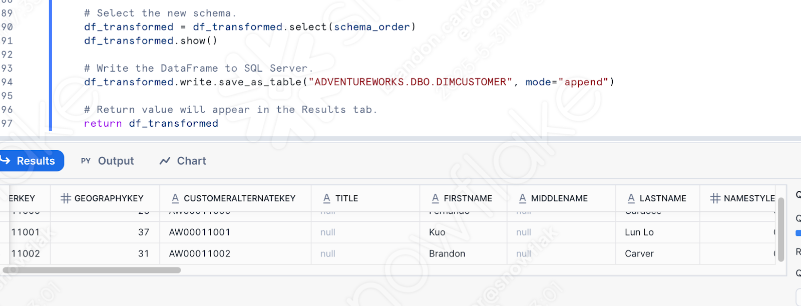 Results of query execution