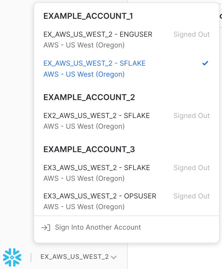 Screenshot of the account selector open and listing multiple accounts. The account selector is labeled with the name of the currently-selected account.