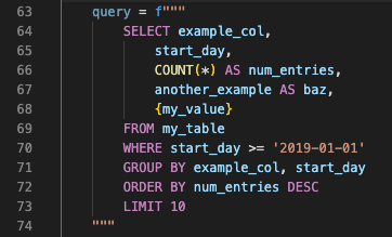 Codeausschnitt einer Snowflake SQL-Anweisung in einem Python-String mit automatischer SQL-Syntaxhervorhebung.