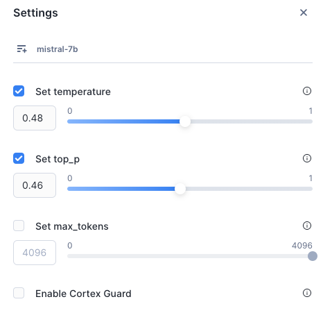 Cortex playground model settings.