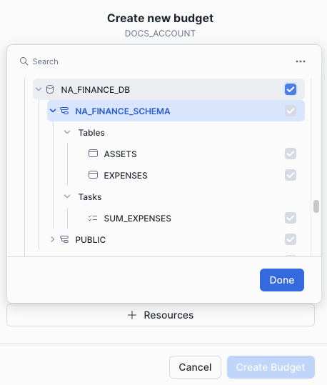 Custom budget select resources screenshot
