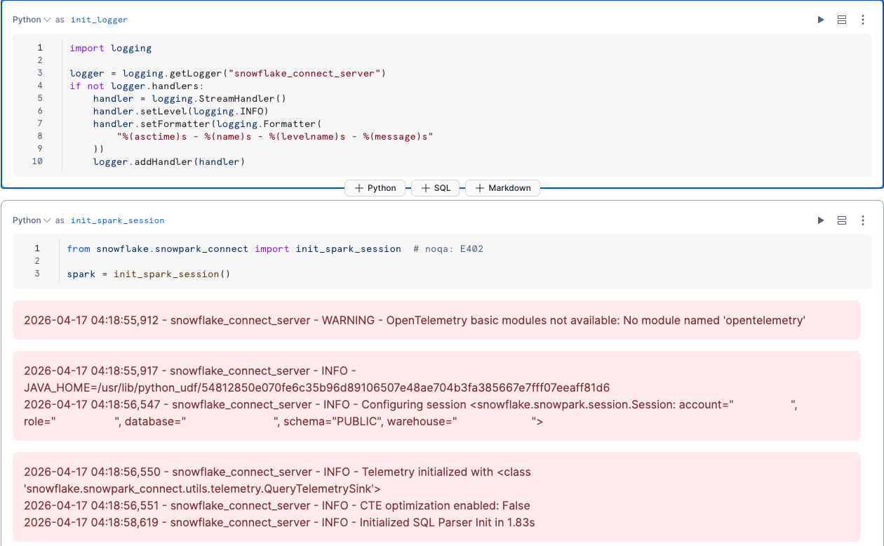 Snowpark Connect log output in a Snowflake Notebook