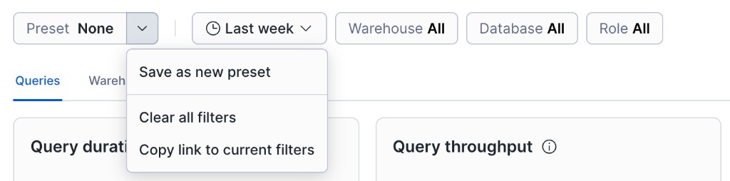 Performance Explorer filter bar with Preset menu open showing save, clear filters, and copy link