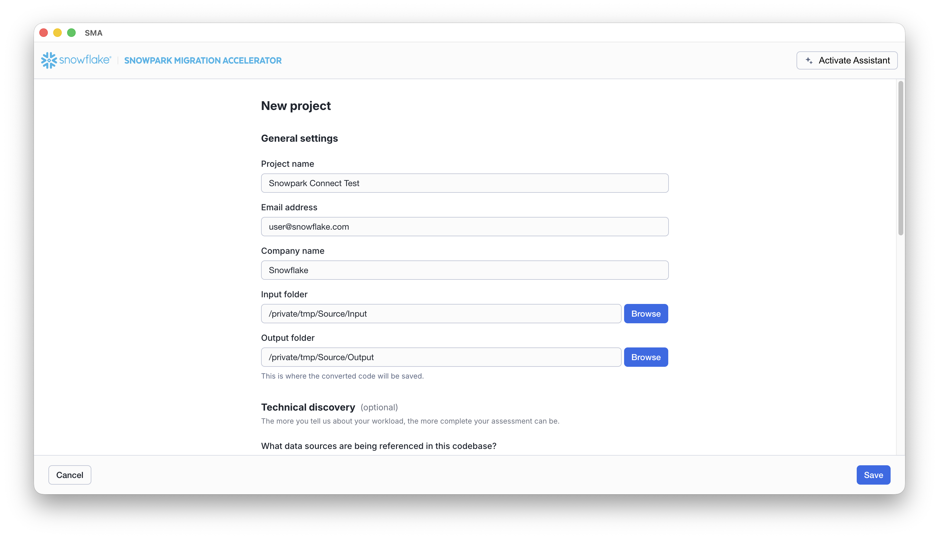 Project creation page
