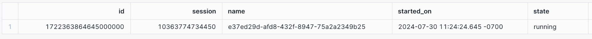 Output of SHOW TRANSACTIONS command, showing one open transaction