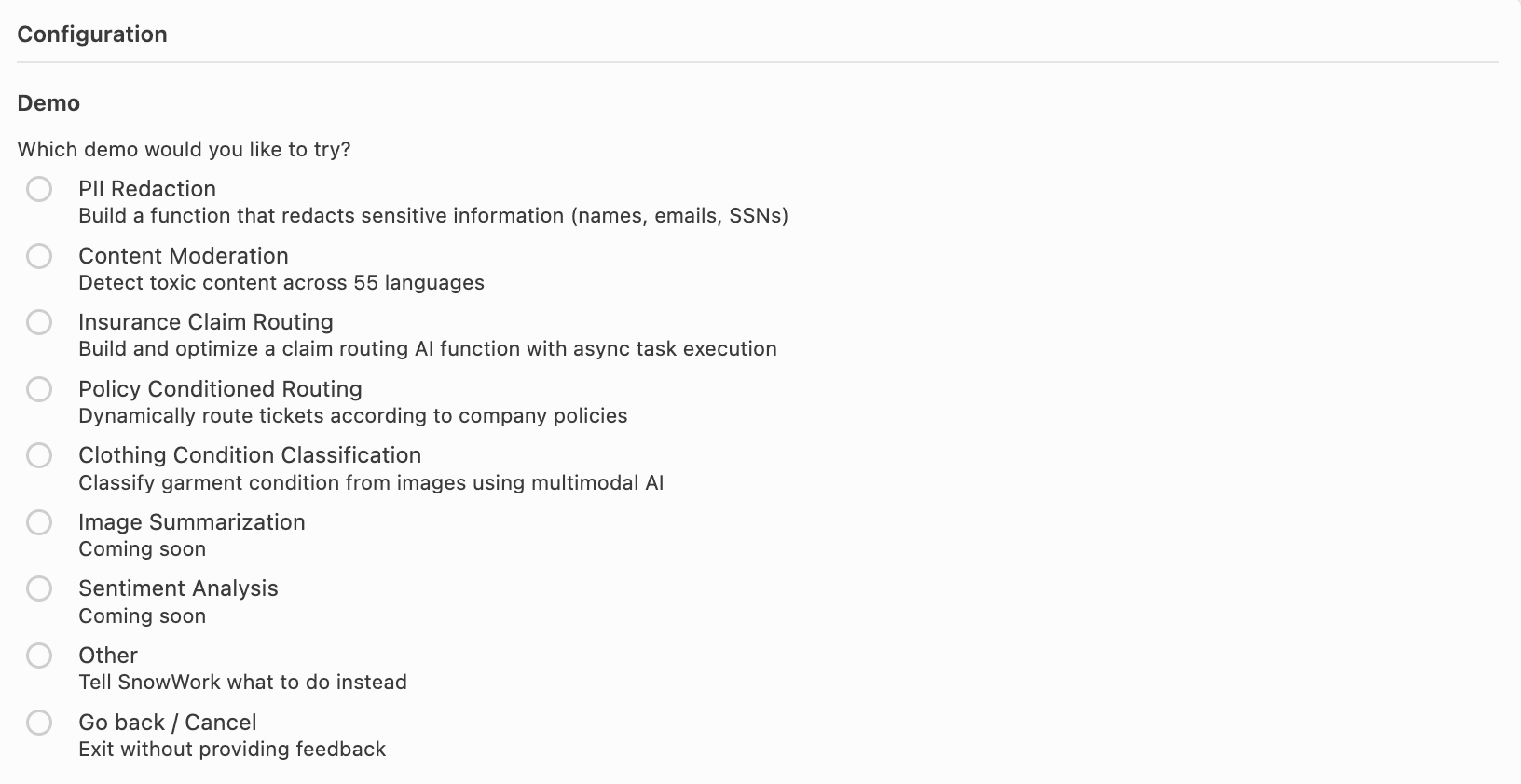 Cortex Code CLI pre-built demo options for the Cortex AI Function Studio skill