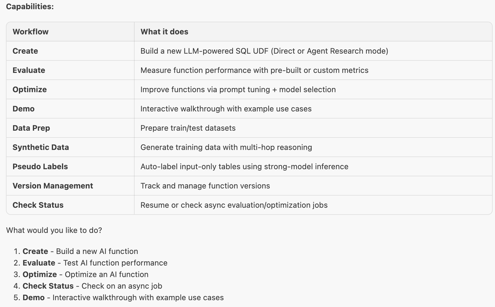 Cortex Code CLI options for exploring the Cortex AI Function Studio skill and pre-built demos