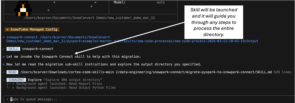 Screenshot showing the skill processing files and resolving migration issues.